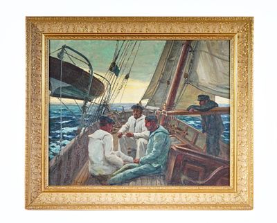 un tableau représentant un groupe d'hommes sur un bateau