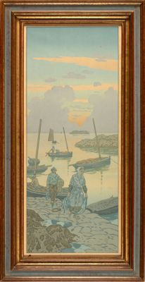 an image of a painting of two people sitting on a dock