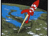 une image représentant une fusée rouge survolant la Terre