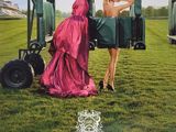 poster of a woman in a pink dress sitting on a cart in a field