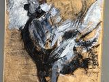peinture représentant un homme à cheval sur un morceau de papier brun
