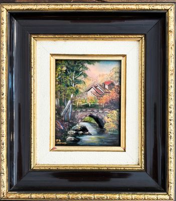 un tableau représentant un pont enjambant une rivière, avec une maison en arrière-plan