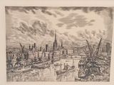 drawing of a view of a city with boats in the water