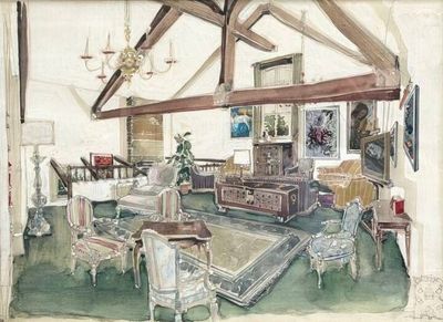 un dessin représentant un salon avec des meubles et un lustre