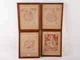 three framed drawings of a woman and a cat on a white background