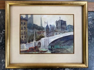 une photo d'un tableau représentant un pont au-dessus d'un plan d'eau