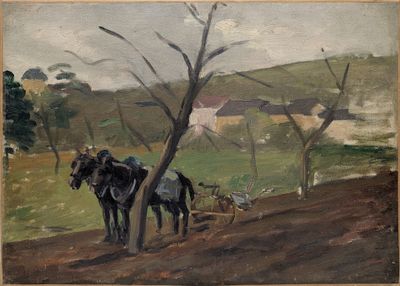une peinture représentant un homme labourant un champ avec deux chevaux