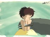 an image of a young boy sitting on top of a black cat