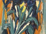 une peinture à l'huile représentant des fleurs bleues dans un vase sur fond orange