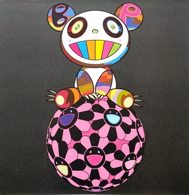 peinture représentant un panda assis sur une balle rose et noire