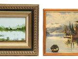 two framed paintings of a river scene and a boat in the water