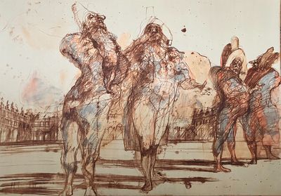 drawing of a group of people playing a game of tennis