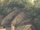 a picture of a painting of a house in the woods