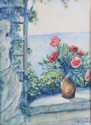a painting of flowers in a vase on a window sill