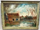 une peinture à l'huile représentant une scène de vie à la ferme, avec un ruisseau au premier plan