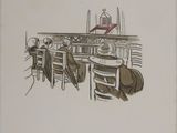 dessin représentant un homme assis à une table, coiffé d'un chapeau
