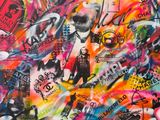 peinture représentant un mur recouvert de nombreux graffitis de styles variés