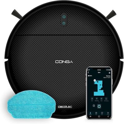 an image of a robot vacuum cleaner with a blue cloth next to it