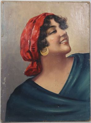 painting of a woman with a red head scarf and gold earrings