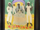 painting of a group of people standing around a table in a field