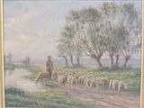 a painting of a man herding a flock of sheep