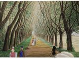 a painting of a group of people walking down a tree lined path