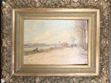 an image of a painting of a snowy landscape with a house in the distance