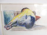 painting of a man sitting on a couch with his head on a pillow
