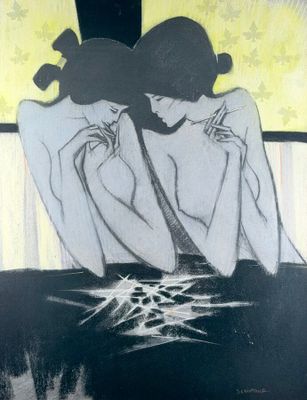 tableau représentant une femme assise à une table, la tête entre les mains