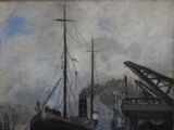 a painting of a boat that is docked in a harbor