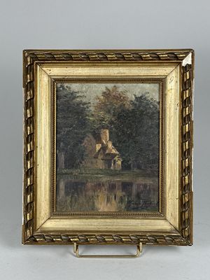 an image of a picture of a painting of a house by a lake