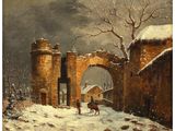 an image of a painting of a man and a horse in a snowy landscape