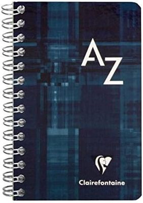 spiral notebook with a blue cover and a white logo on the front