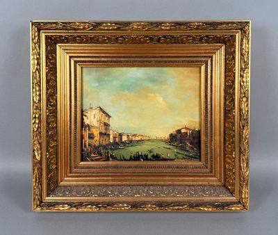 un tableau représentant une vue de ville avec des bâtiments et une rivière