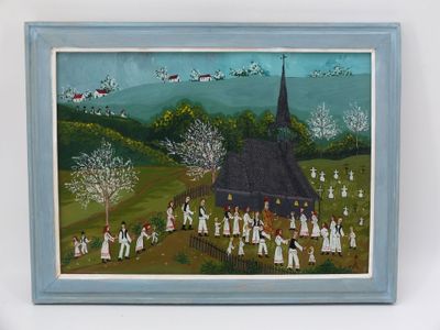 un tableau accroché au mur d'une église et représentant des personnes
