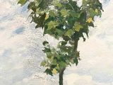 a painting of a tree in a field by the water