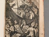 an old book with a drawing of a man on a boat