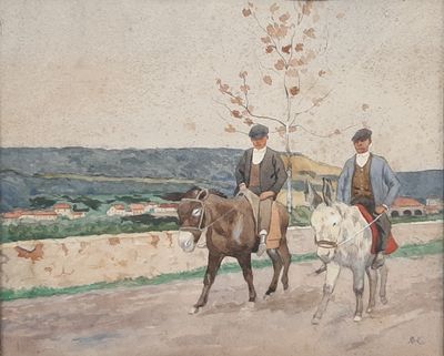 painting of two men riding horses on a dirt road with a tree in the background