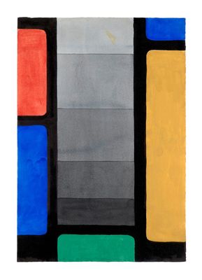 une peinture représentant un tapis multicolore sur fond blanc
