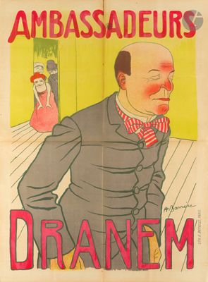 une vieille affiche représentant un homme en costume et nœud papillon, debout devant une femme