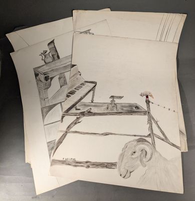 un dessin représentant un mouton et un piano posés sur une table