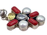 sterling silver and red coral and pearl broochle with yellow topaz