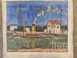 painting of a boat in a body of water with a building in the background