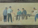 tableau représentant un groupe d'hommes assis sur un banc devant un mur