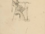 un vieux dessin représentant un homme assis sur une chaise, coiffé d'un chapeau