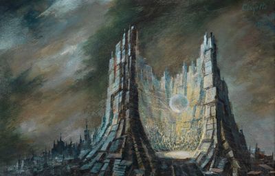 an image of a painting of a city in the middle of a dark sky