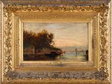 tableau représentant une scène fluviale avec un bateau au premier plan et un autre bateau au premier plan