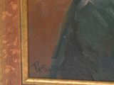 portrait of a man in a green coat and hat by a painting