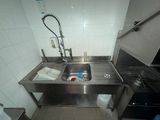 a kitchen with a sink and a stove in it