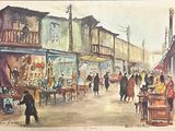 a painting of a street scene with people walking by